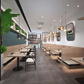 Modern Cozy Restaurant Interior With Wooden Seats Green Plants And Warm Lighting