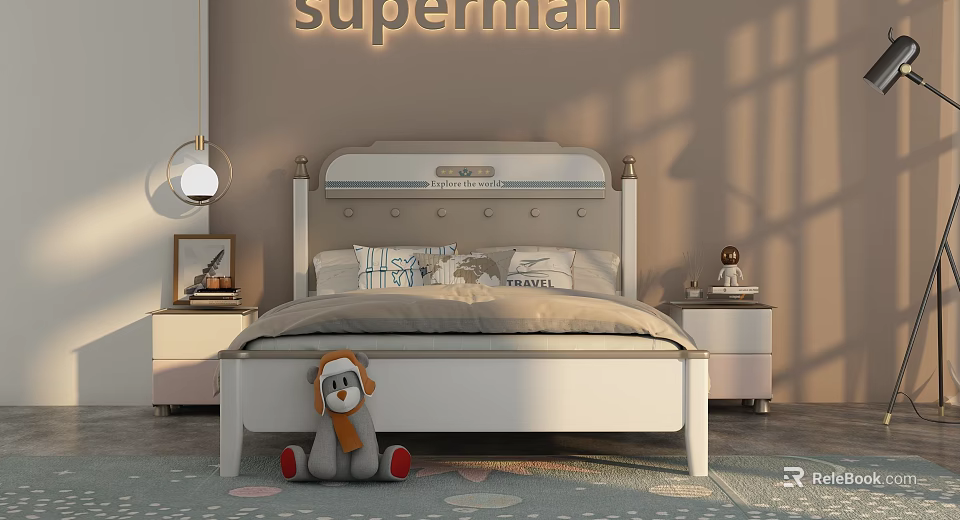 Kids Bed with Superman Theme Decorative Headboard and Plush Toy in Cozy Bedroom 3d model 