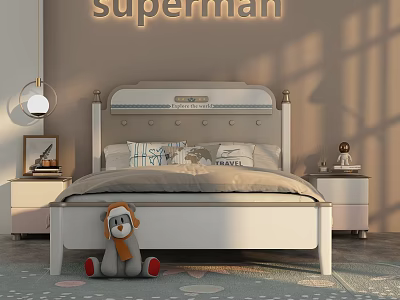 Kids Bed with Superman Theme Decorative Headboard and Plush Toy in Cozy Bedroom 3d model