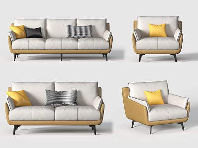 Modern Sofa Set With Three Seater Single Seater White Cushions Yellow Grey Decorative Pillows 3d model