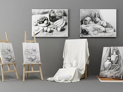 Professional Musical Instruments And Art Supplies Setup With Easels Drawing Boards And Still Life Sketches 3d model