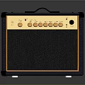 Classic Dark Blue Electronic Guitar Amplifier With Wooden Panel Control Knobs And Speaker Grille