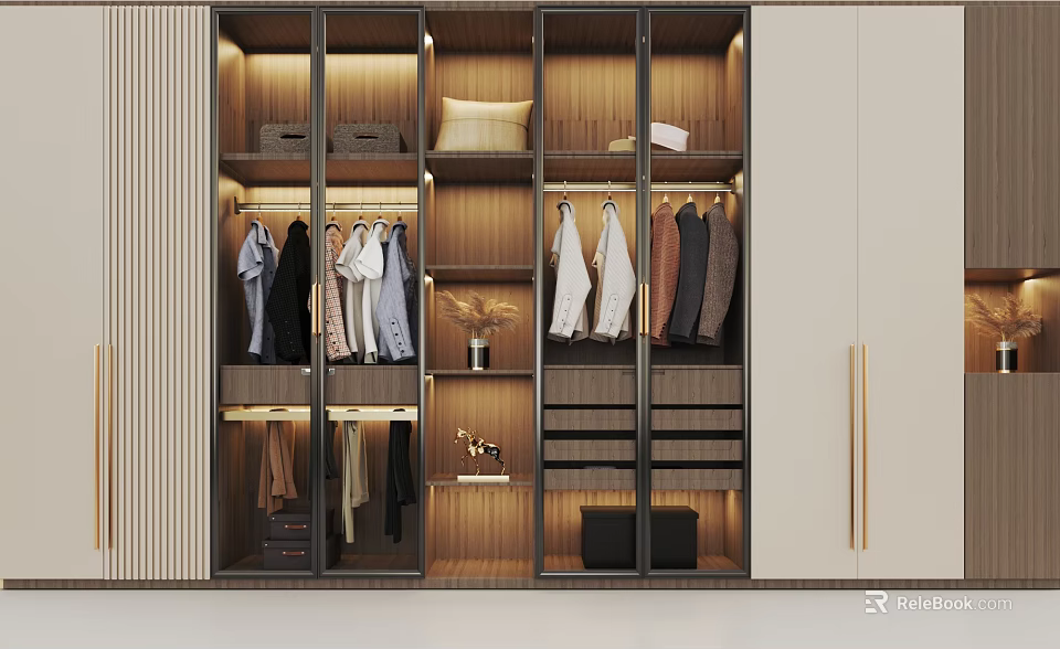 Modern Wooden Wardrobe With Glass Doors Hanging Clothes And Storage Shelves 3d model 