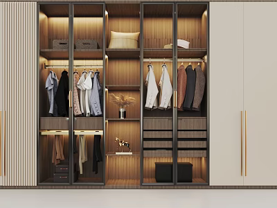 Modern Wooden Wardrobe With Glass Doors Hanging Clothes And Storage Shelves 3d model
