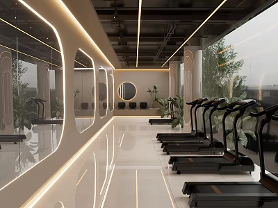 Modern Fitness Gym Interior With Treadmills Mirrors Lighting And Spacious Workout Area 3d model