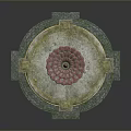 Ornate Multi Tiered Fountain With Red Gold Accents And Circular Stone Base