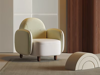 Multi Person Sofa Beige With Armrest White Cushion Wooden Legs Curved White Stool Light Wall 3d model