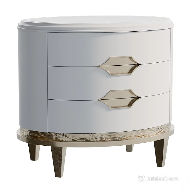 Modern Elegant White Nightstand With Three Drawers Gold Diamond Handles And Metal Legs 3d model 