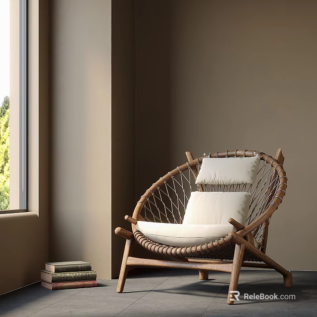 Natural Rattan Lounge Chair With Soft Beige Cushion And Wooden Frame By Window 3d model 
