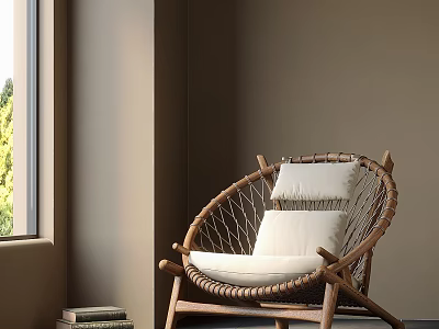 Natural Rattan Lounge Chair With Soft Beige Cushion And Wooden Frame By Window 3d model