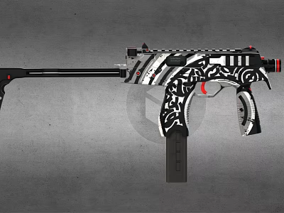 Stylish Submachine Gun With Black And White Decorative Pattern And Red Accents 3d model