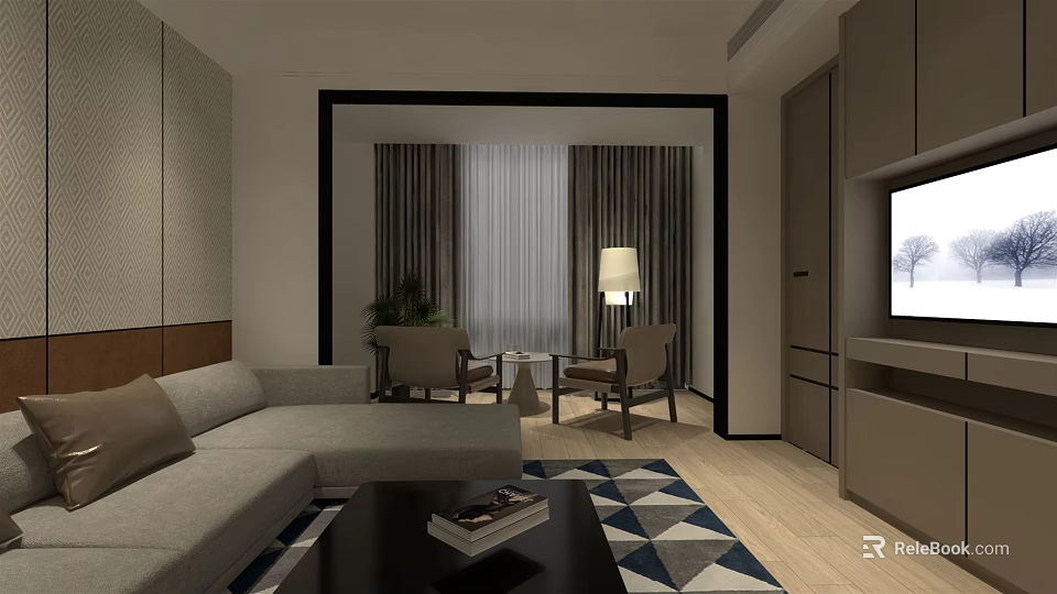 Modern Hotel Guest Room Interior With Sofa Coffee Table Armchairs TV And Area Rug 3d model 
