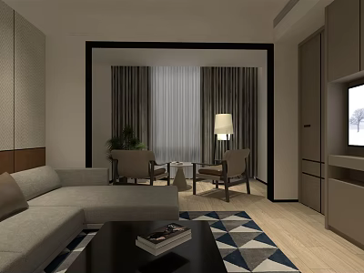 Modern Hotel Guest Room Interior With Sofa Coffee Table Armchairs TV And Area Rug 3d model
