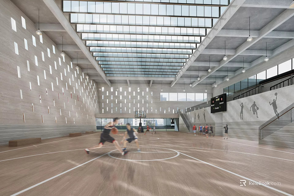 Indoor Basketball Court With Wooden Floor Glass Ceiling And People Playing 3d model 