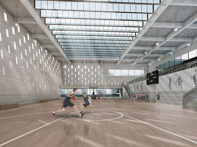 Indoor Basketball Court With Wooden Floor Glass Ceiling And People Playing 3d model