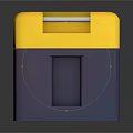 Tactical Military Weapon With Yellow Blue Cube Shaped Body White Top Handle And Side Labels
