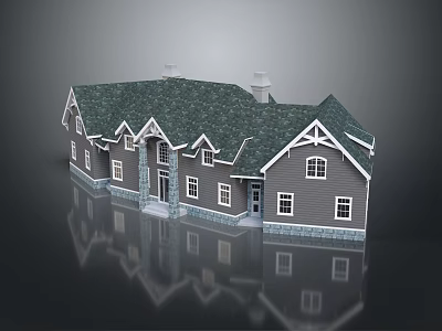 Traditional House Exterior With Gray Walls Green Roof Stone Base And Windows 3d model
