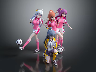 Anime Characters In Pink Sports Outfits With Colorful Hair Holding Soccer Balls And Dynamic Poses 3d model