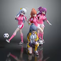 Anime Characters In Pink Sports Outfits With Colorful Hair Holding Soccer Balls And Dynamic Poses