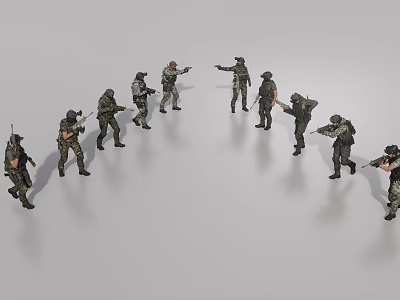 Tactical Men In Military Gear Standing In Various Combat Poses With Weapons 3d model