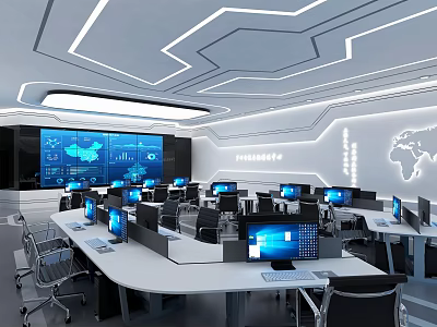 Modern Control Room With Multiple Computer Monitors Control Desks Data Charts And World Map Background 3d model
