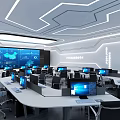 Modern Control Room With Multiple Computer Monitors Control Desks Data Charts And World Map Background 3d model