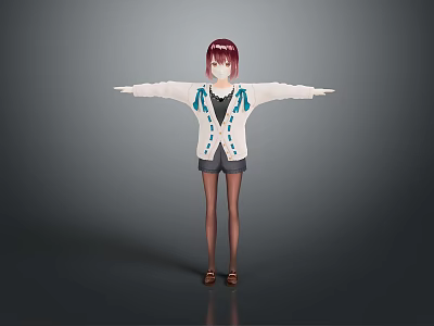 3D Human Character Model With Red Hair White Jacket Black Shorts And Brown Sandals 3d model