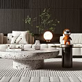 Modern Concrete Coffee Table With White Sofa Green Plant Round Lamp And Astronaut Figurine