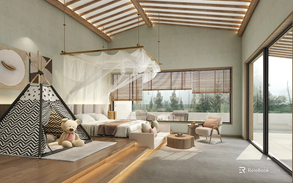 Cozy Hotel Room With Wooden Ceiling Beams Canopy Teepee Teddy Bear Sofa And Scenic Windows 3d model 
