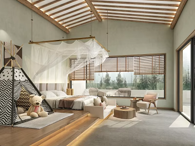 Cozy Hotel Room With Wooden Ceiling Beams Canopy Teepee Teddy Bear Sofa And Scenic Windows 3d model