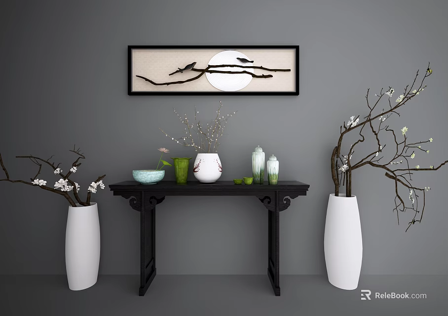Elegant Black Sideboard With Vases Bowl Candle Holders And Decorative Painting In Living Room 3d model 