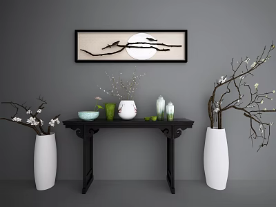 Elegant Black Sideboard With Vases Bowl Candle Holders And Decorative Painting In Living Room 3d model