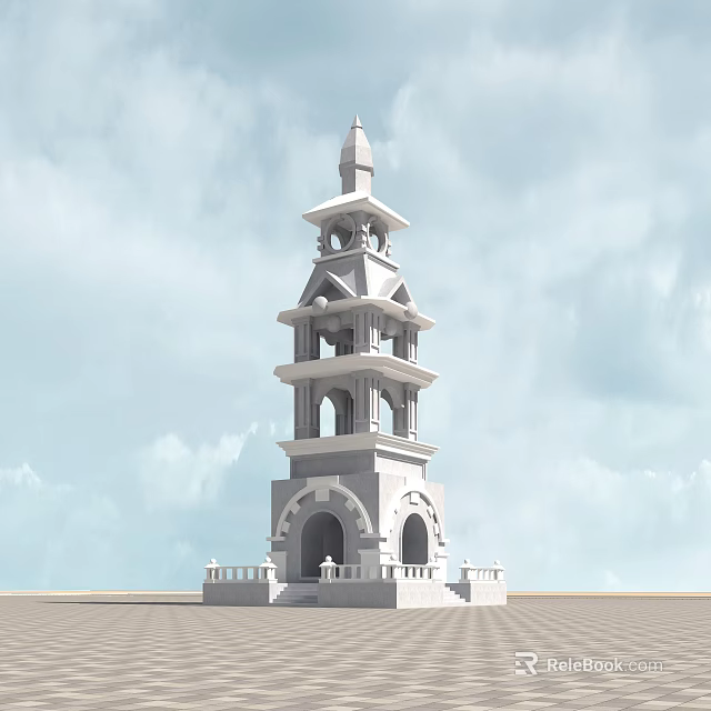 Traditional Stone Tower With Layers Spire Arched Doorways And Balconies Against Blue Sky And Clouds 3d model