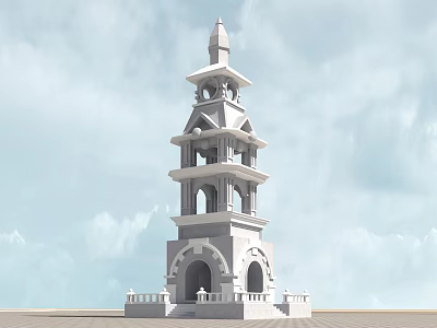 Traditional Stone Tower With Layers Spire Arched Doorways And Balconies Against Blue Sky And Clouds 3d model