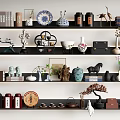 Elegant Decorative Ornament Set On Shelves Featuring Porcelain Vases Wooden Carvings Tea Sets And Figurines
