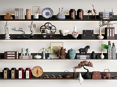 Elegant Decorative Ornament Set On Shelves Featuring Porcelain Vases Wooden Carvings Tea Sets And Figurines 3d model