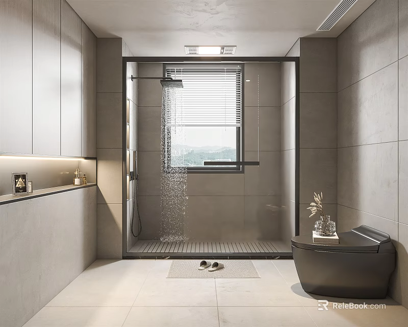 Modern Gray Bathroom Interior Design With Shower Area Bathtub Window And Storage Cabinets 3d model 