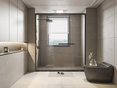 Modern Gray Bathroom Interior Design With Shower Area Bathtub Window And Storage Cabinets 3d model