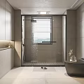 Modern Gray Bathroom Interior Design With Shower Area Bathtub Window And Storage Cabinets