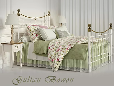 White Iron Bed With Gold Accents Green Quilt Floral Pillows And Bedside Lamp 3d model