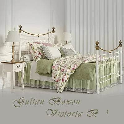 White Iron Bed With Gold Accents Green Quilt Floral Pillows And Bedside Lamp 3d model