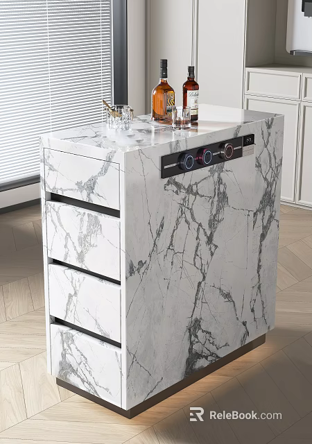 Modern White Marble Texture Sideboard With Drawer Storage And Top Decorative Bottles 3d model 