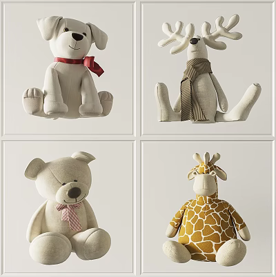 Cute Plush Animal Toys Dog Deer Bear Giraffe With Accessories 3d model