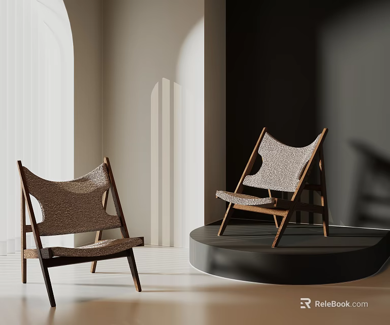 Modern Wooden Frame Lounge Chairs With Woven Seats In Bright Interior Space 3d model 