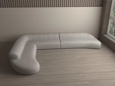 Modern L Shaped Light Gray Fabric Sectional Sofa In Minimalist Wooden Floor With Natural Light 3d model