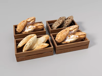Various Bread Types Arranged In Wooden Trays With Sesame Seeds And Different Shapes 3d model