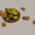 Fresh Ripe Pears in Wooden Bowl with Scattered Ones on Black Background
