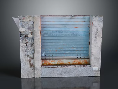 Rustic Furniture Cabinet With Stone Sides And Blue Metal Roller Shutter 3d model