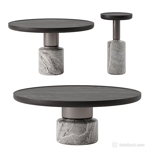 Modern Round Coffee Table Design With Black Tabletop And Marble Textured Cylindrical Base 3d model