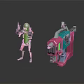 Green Pickle Character and Robot Figure with Mechanical Arms Standing on Reflective Surface